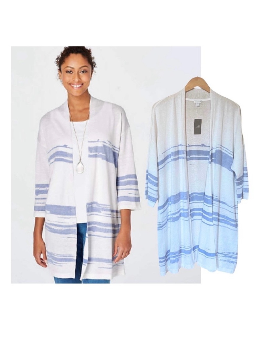 Pure Jill Linen Blend Cardigan Open Longline Blue and White J Jill NWT 1X